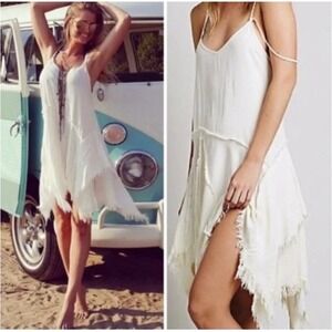 Womens Asymmetrical Fringe Slip Dress — White